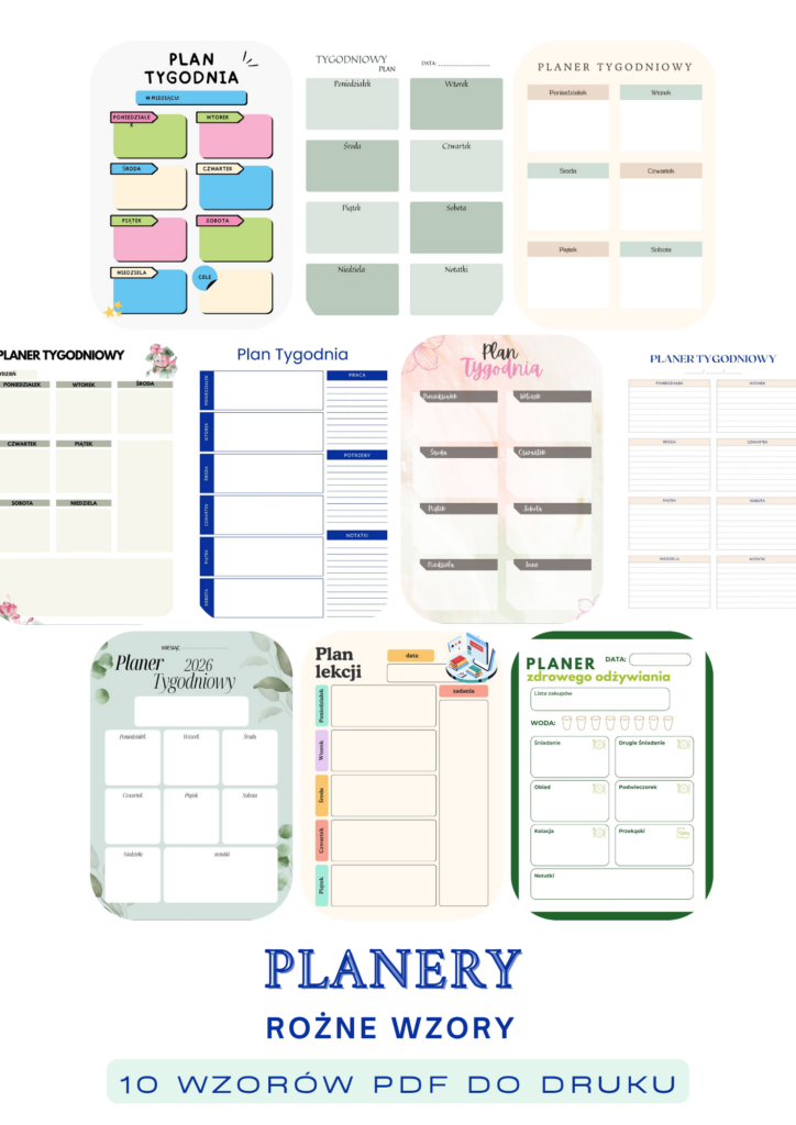 Planer tygodniowy do druku – 10 sztuk, różne wzory pdf