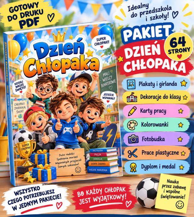 Dzień Chłopaka – pakiet 64 strony | karty pracy, dekoracje, girlanda