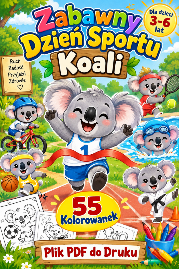 Zabawny Dzień Sportu Koali 55 kolorowanek Dla dzieci 3-6 lat. Do druku
