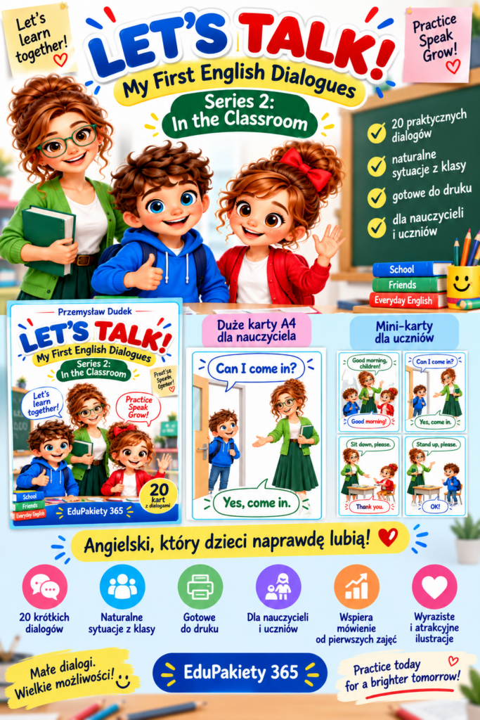LET’S TALK! Series 2: In the Classroom – 20 kart konwersacyjnych do angielskiego dla dzieci. Karty A4, mini-karty i pomysły na pracę. 31 stron PDF.
